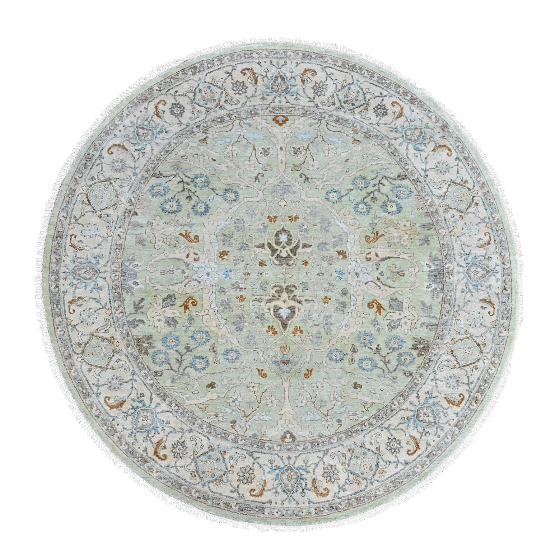 8'x8' Pistachio Green, Oushak with Floral Motifs, Hand Knotted, Pure Wool, Soft Pile, Denser Weave, Round, Oriental Rug 